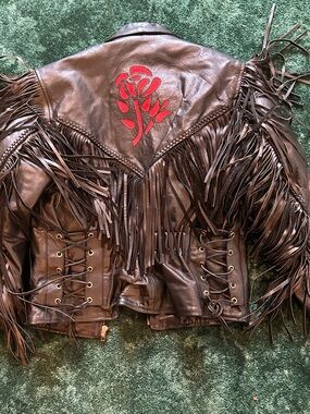 Vintage Black Leather Fringed Jacket With Red Roses Women’s Size Medium